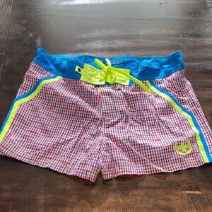 Andrew Christian Men’s Swim Trunks with Red and Blue Checkered Design